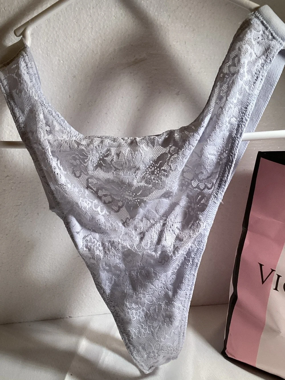 PINK Victoria's Secret Lace High-Cut Thong Panty - Light Gray